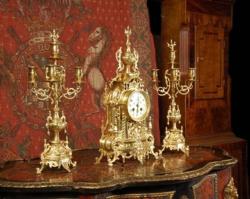fig 1. **** SOLD **** Small Antique French Gilt Brass Clock Set